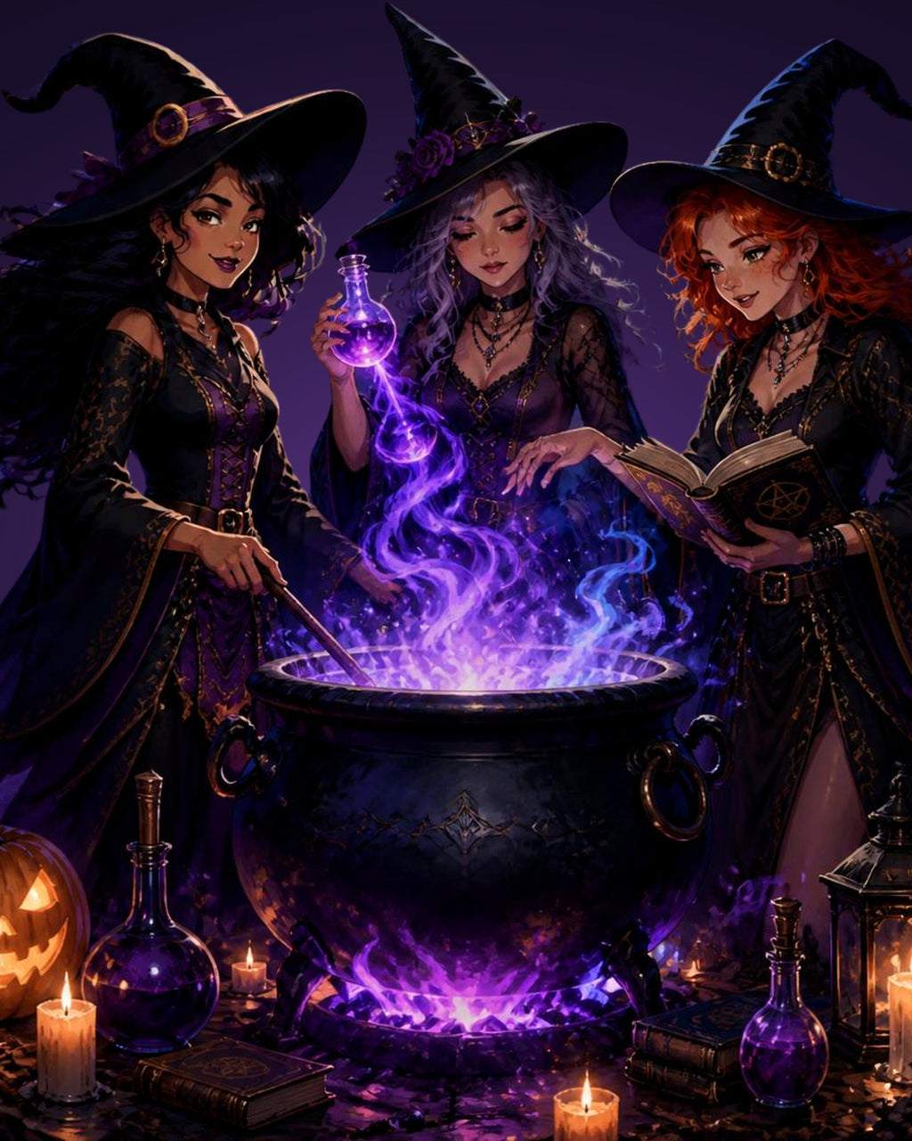Three Witches Cauldron - Halloween Digital Wall Art Print + Phone Wallpaper
