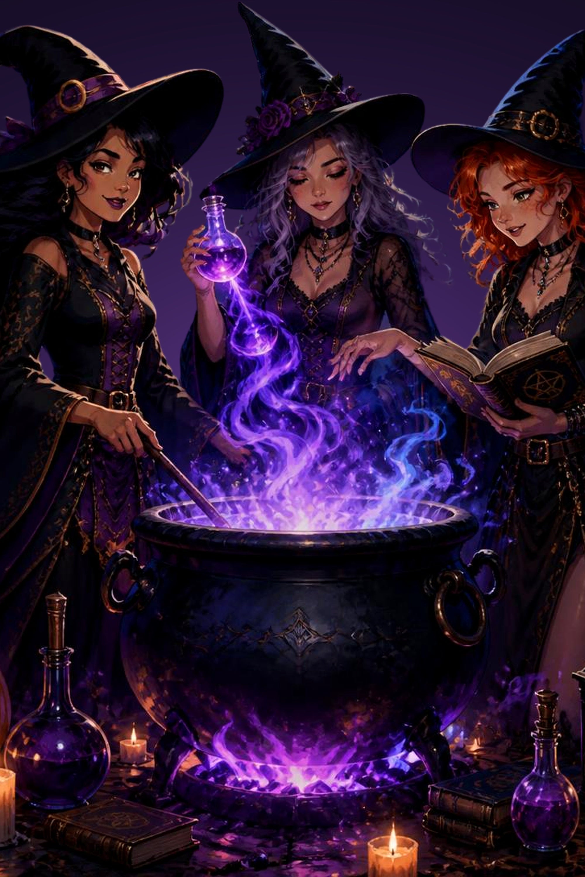 Three Witches Cauldron - Halloween Digital Wall Art Print + Phone Wallpaper