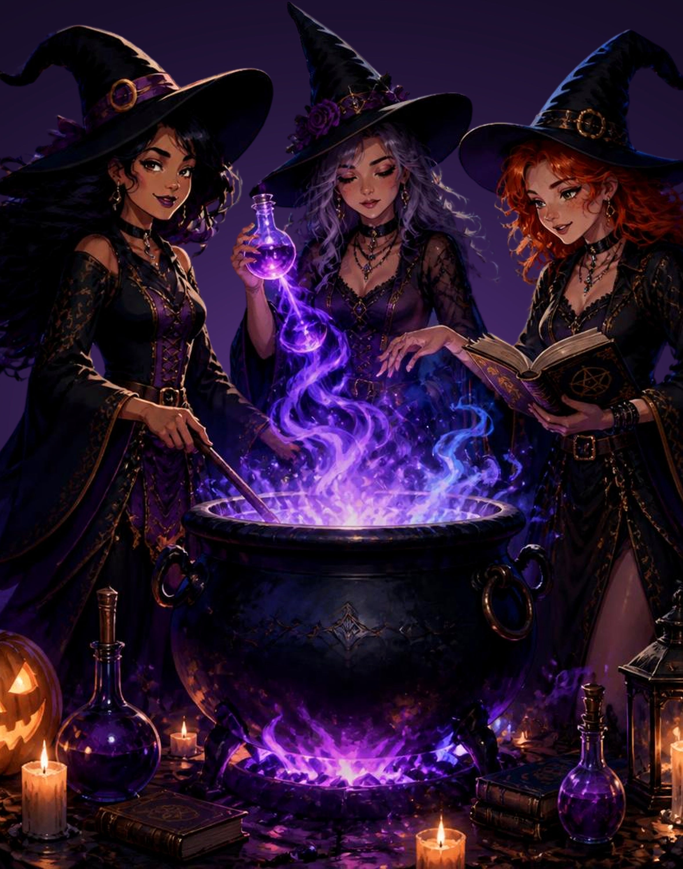 Three Witches Cauldron - Halloween Digital Wall Art Print + Phone Wallpaper