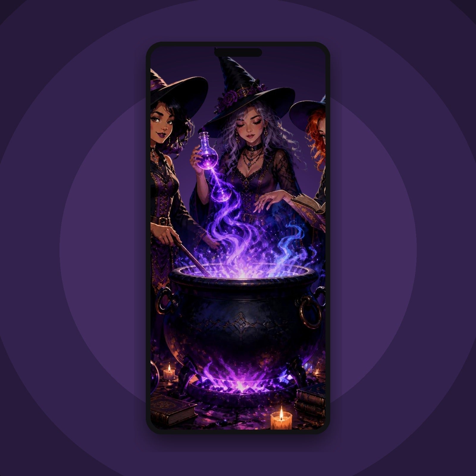 Three Witches Cauldron - Halloween Digital Wall Art Print + Phone Wallpaper