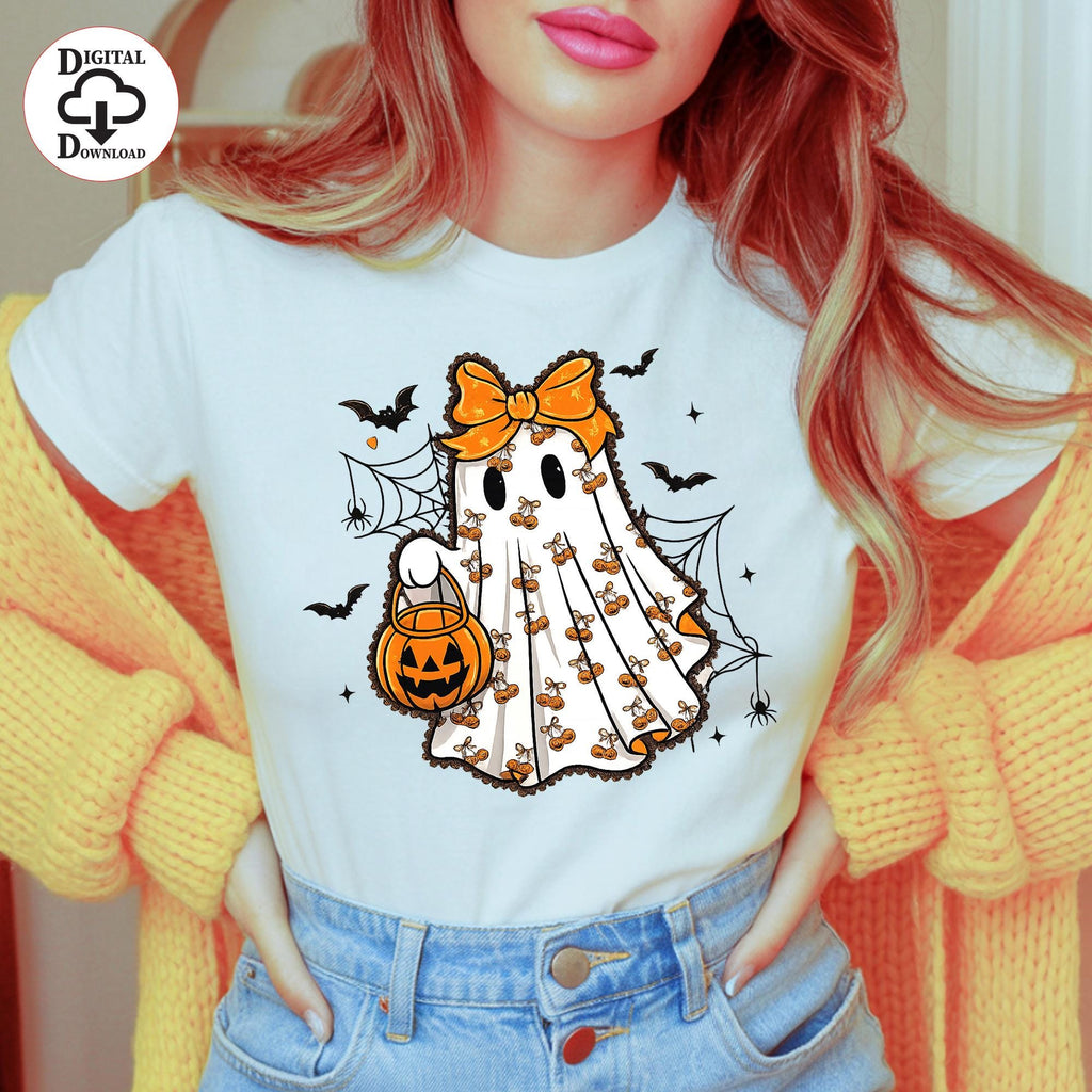 Girly Ghost PNG, Orange Bow Ghost, Cute Spooky Season Sublimation, Pumpkin Trick or Treat PNG, Cricut File