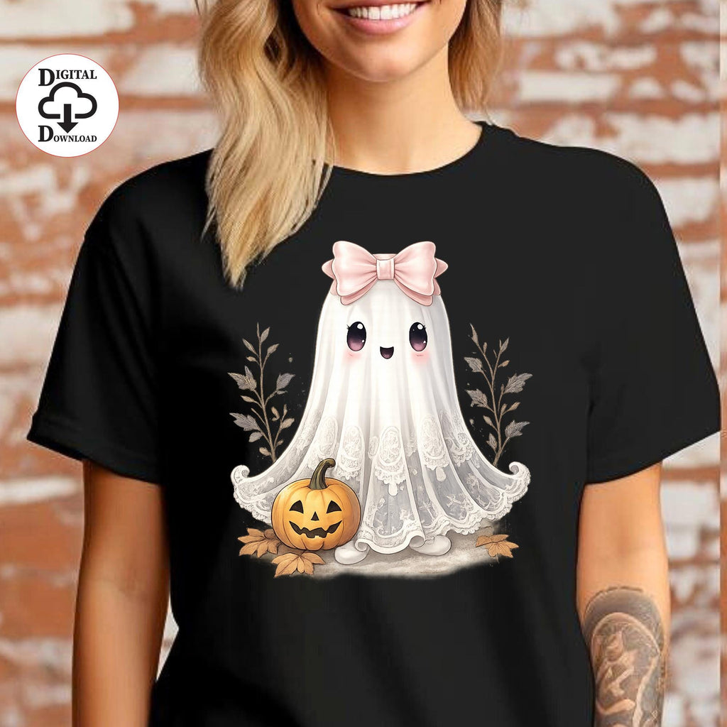 Pink Bow Ghost PNG, Girly Halloween Ghost, Kawaii Spooky Clipart, Printable PNG, Instant Download