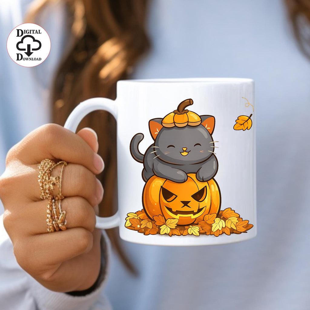 Cute Halloween Cat PNG | Pumpkin Cat Clipart | Black Kitten Jack O Lantern | Autumn Fall Sublimation Design | Printable Digital Download
