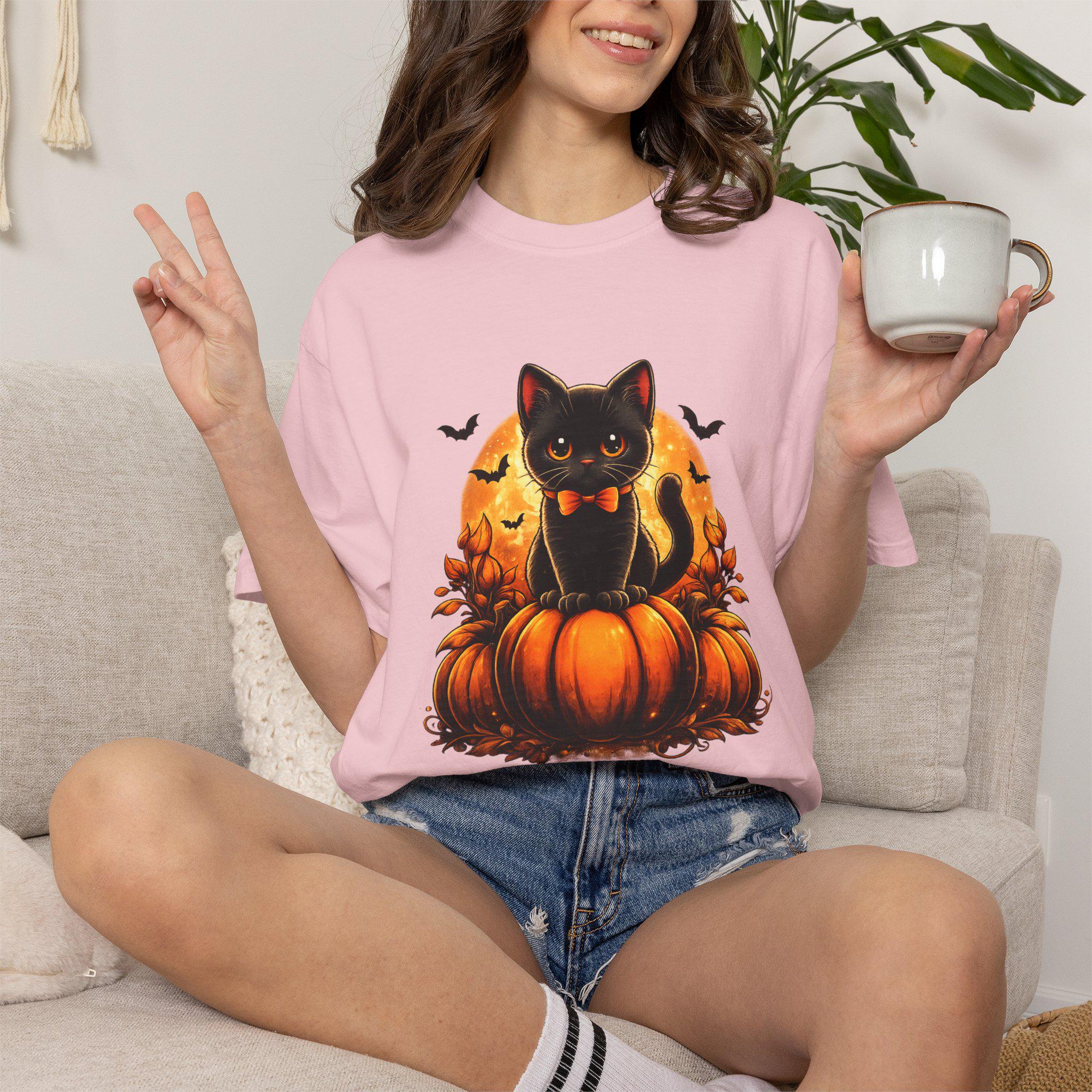 Black Cat on Pumpkin T-Shirt | Halloween Cat Pumpkin Tee
