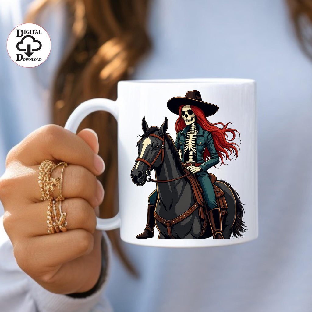 Cowgirl Skeleton PNG, Western Halloween Clipart, Skeleton Riding Horse, Sublimation PNG, Instant Digital Download