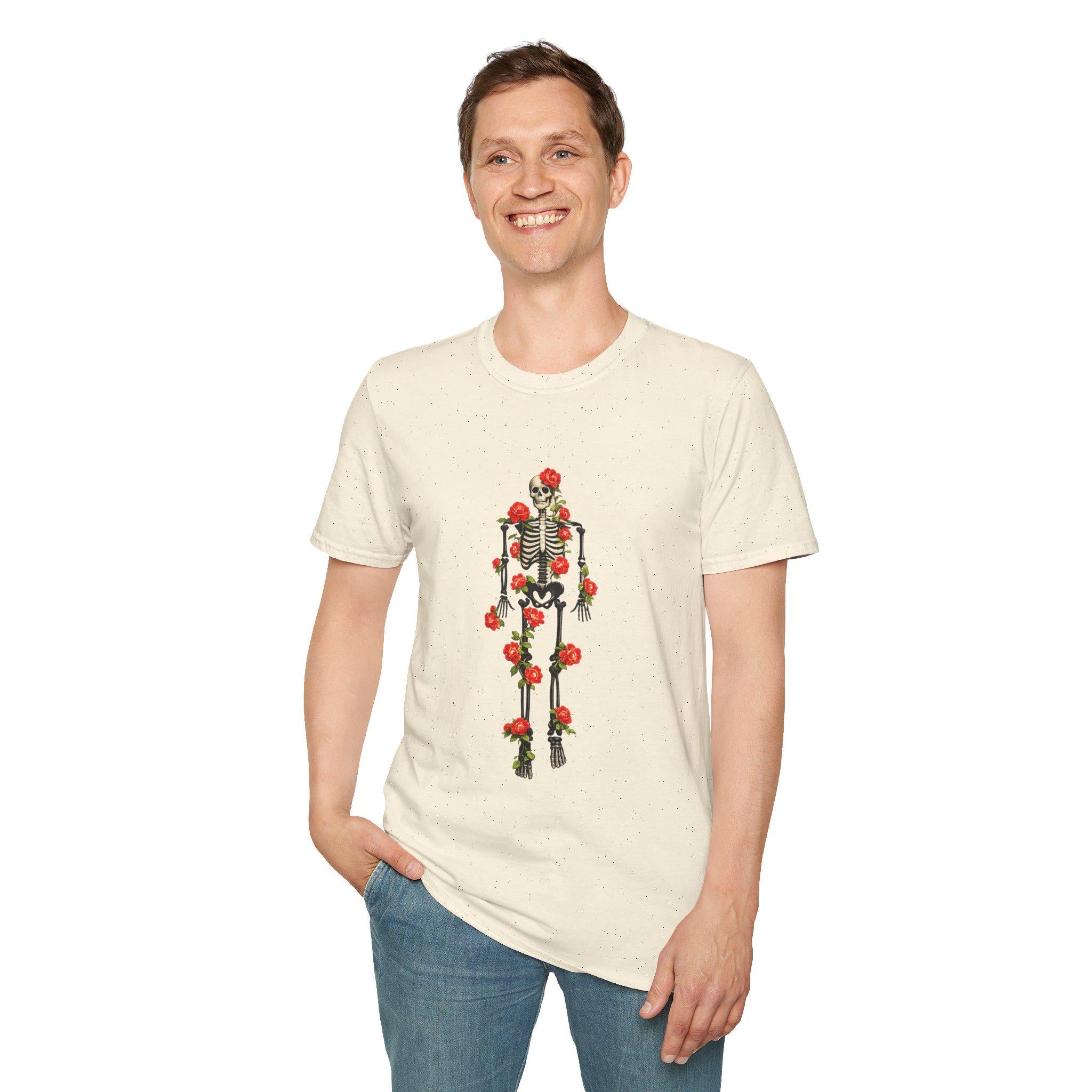 Skeleton with Red Roses T-Shirt | Floral Skull Skeleton Tee