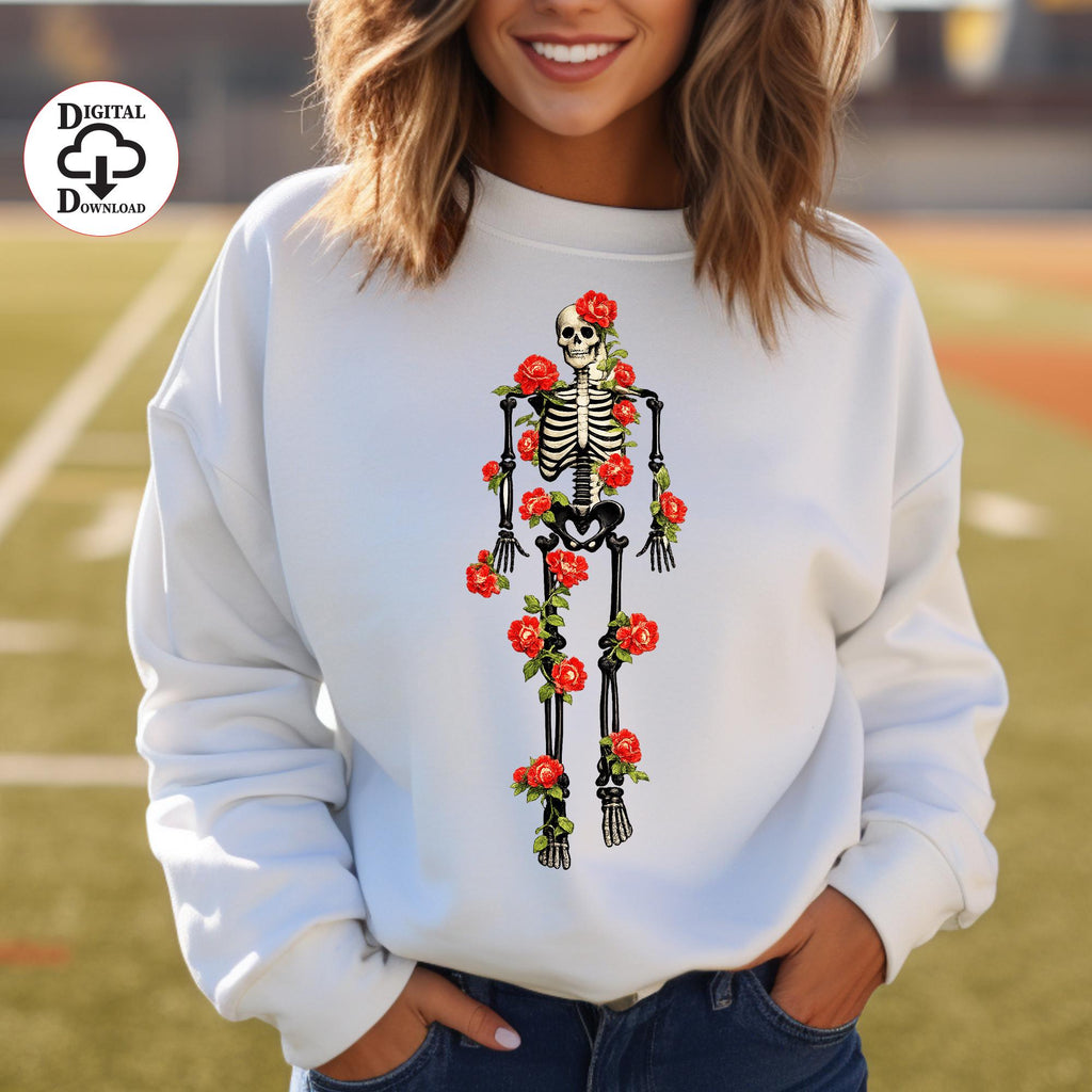 Floral Skeleton PNG | Red Rose Skeleton Clipart | Gothic Skull PNG | Vintage Halloween Sublimation | Transparent Digital Download