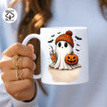 Cozy Ghost PNG, Cute Halloween Ghost with Pumpkin and Coffee, Fall Sublimation PNG, Cricut Digital Download