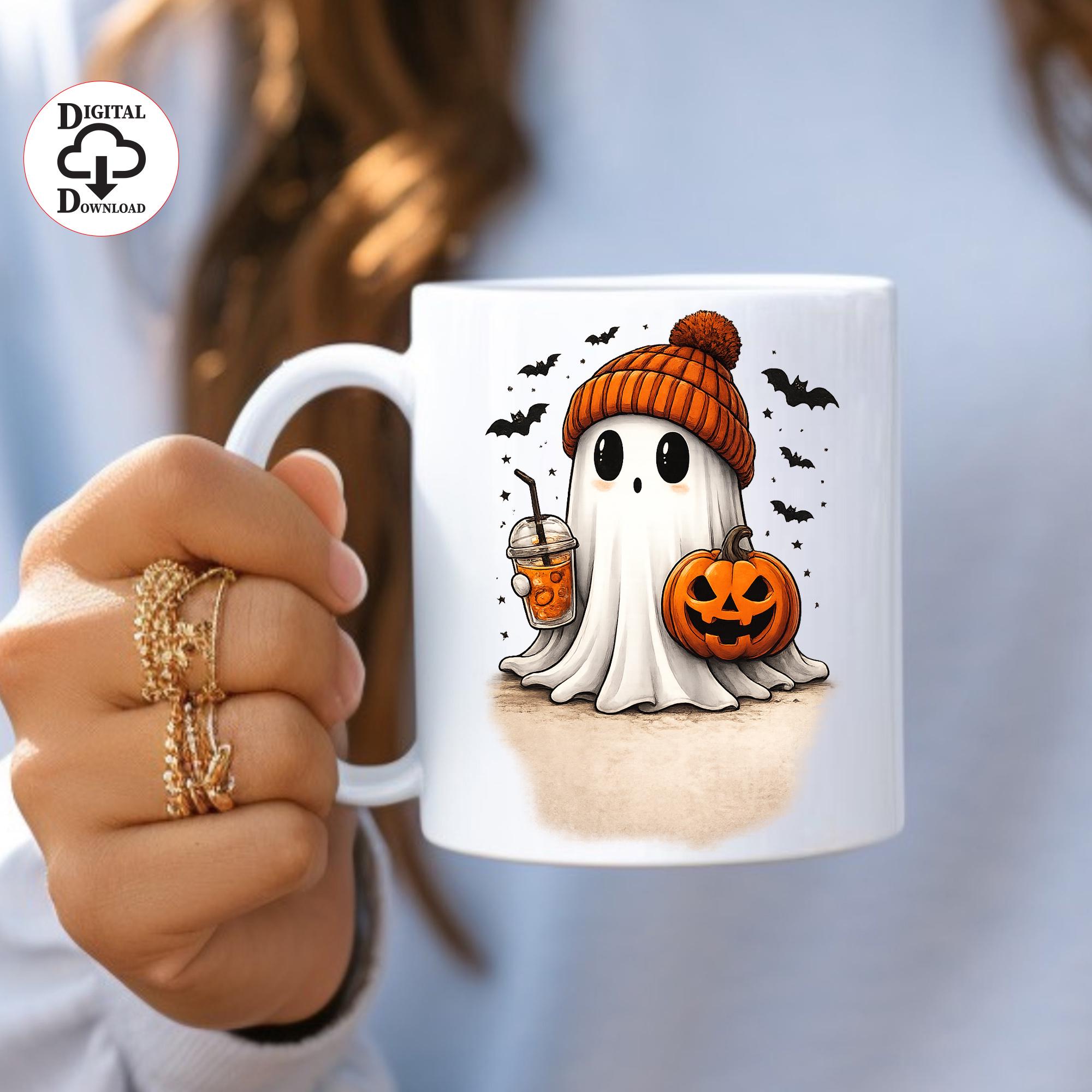 Cozy Ghost PNG, Cute Halloween Ghost with Pumpkin and Coffee, Fall Sublimation PNG, Cricut Digital Download