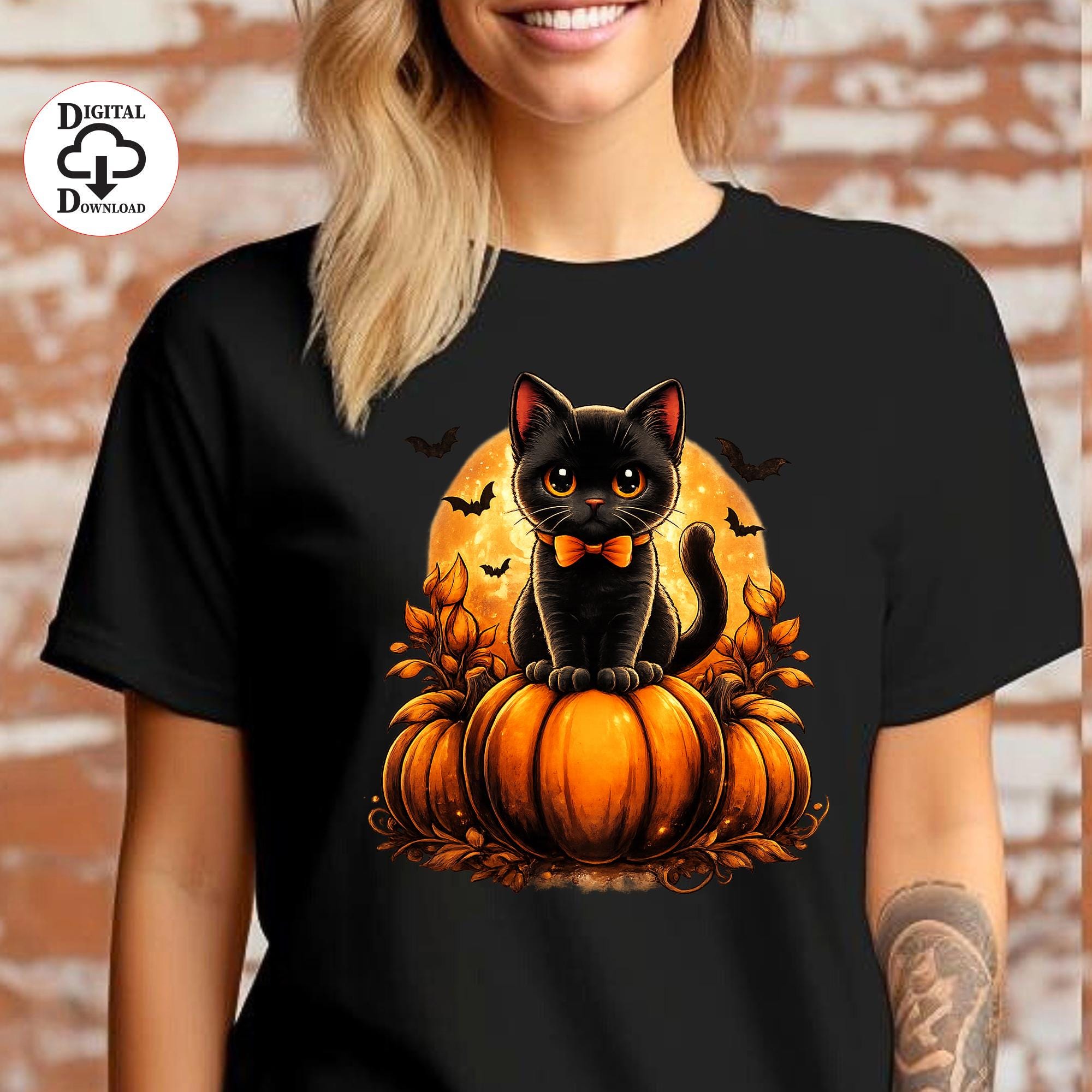 Spooky Cute Black Cat PNG | Halloween Pumpkin Clipart | Autumn Sublimation Design | Printable Digital Download