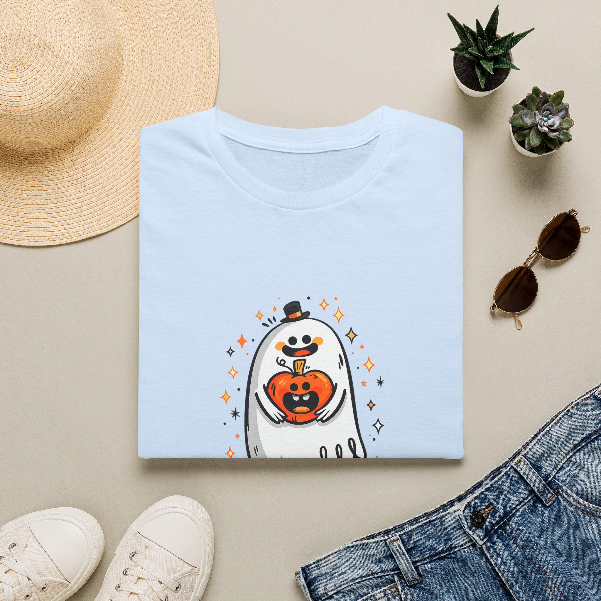 Cute Ghost Holding Pumpkin T-Shirt | Halloween Ghost Pumpkin Tee